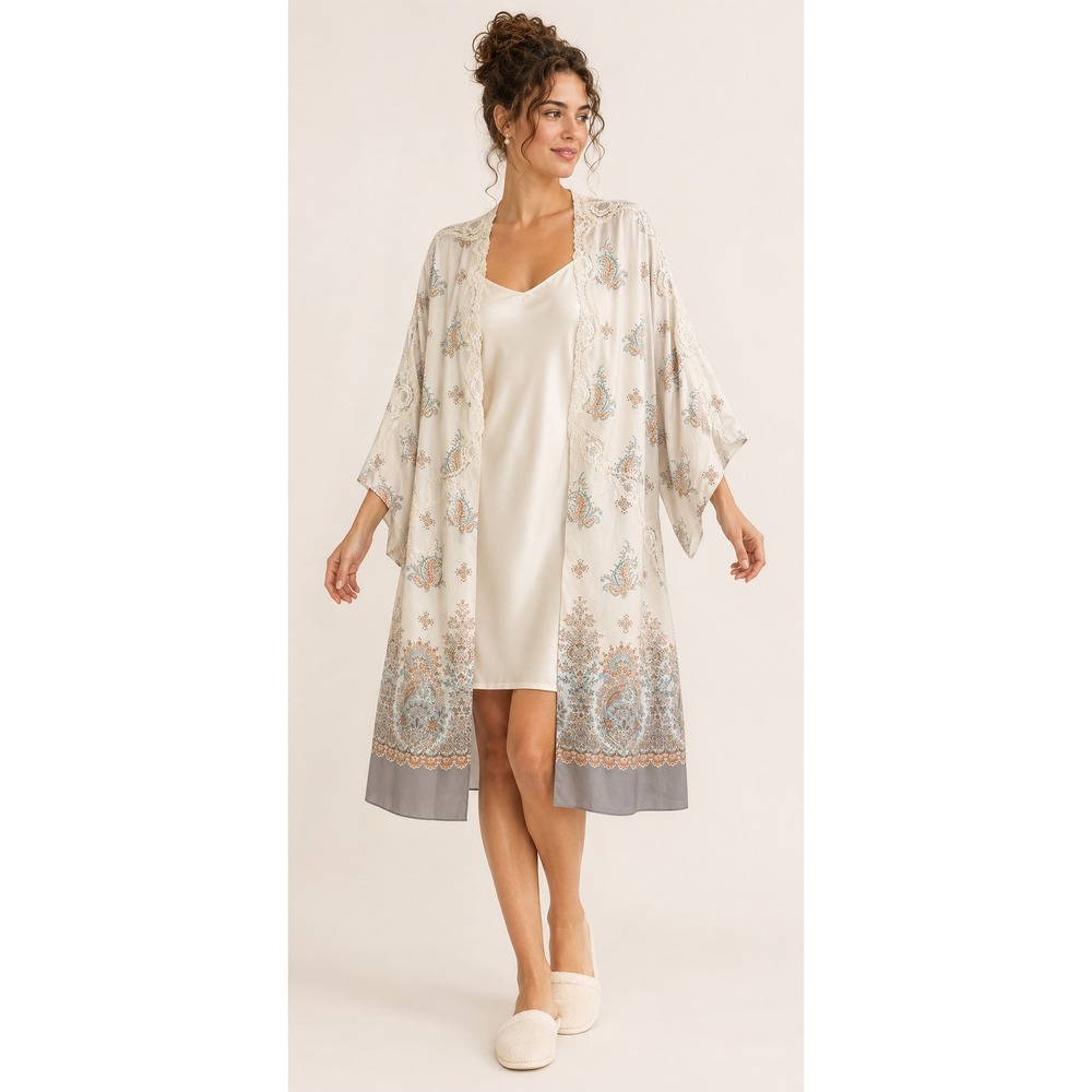 Victoria's Secret Kimono Robe Paisley Lace White Women M/L Boho Loungewear Silky